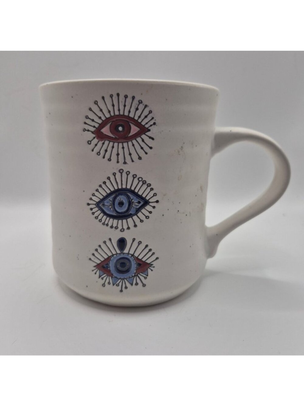 BOHO Mystical Eye Ceramic Mug With "Good Vibes" Handle Blue Interior 12 oz.
